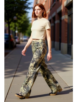 PayBuy Genç Kadın Desenli Yüksek Bel Geniş Paça Jean Pantolon Fonksiyonel Dayanıklı Kaliteli Spor