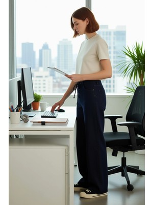 FRM Kadin Bagcikli Yüksek Bel Genis Paça Koyu Kot Pantolon Fonksiyonel Dayanıklı Kaliteli Spor