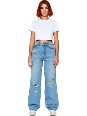 Ersefa Kadın Geniş Paça Yırtıklı Denim Pantolon Fonksiyonel Dayanıklı Kaliteli Konforlu Estetik Şık