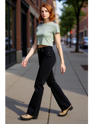 PayBuy Kadın Koyu Yüksek Bel Ispanyol Paça Denim Pantolon Fonksiyonel Dayanıklı Kaliteli Konforlu