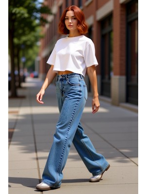 PayBuy Kadın Yüksek Bel Geniş Paça Denim Pantolon Fonksiyonel Dayanıklı Kaliteli Konforlu Estetik