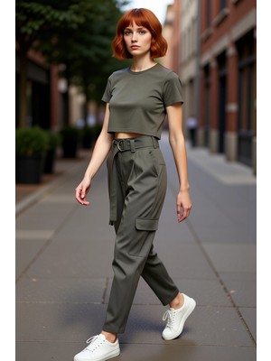 PayBuy Kadın Kemerli Gabardin Jogger Pantolon Fonksiyonel Dayanıklı Kaliteli Konforlu Estetik Şık