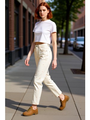 PayBuy Kadın Kalp Desenli Yüksek Bel Geniş Paça Jean Pantolon Fonksiyonel Dayanıklı Kaliteli Spor