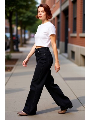 PayBuy Kadın Açık Geniş Paça Denim Pantolon Normal Bel Fonksiyonel Dayanıklı Kaliteli Konforlu Şık