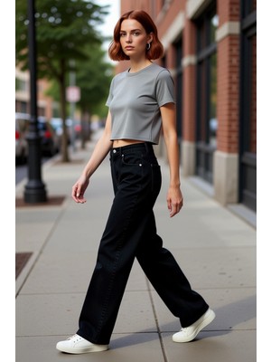 PayBuy Kadın Yüksek Bel Geniş Paça Denim Pantolon Fonksiyonel Dayanıklı Kaliteli Konforlu Estetik