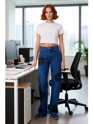 FRM Kadın Çiçek Detaylı Geniş Paça Jean Pantolon Fonksiyonel Dayanıklı Kaliteli Konforlu Rahat