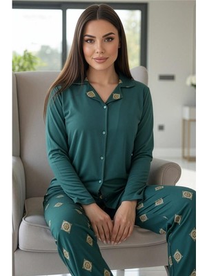 Pijama Evi Zümrüt Mozaik Florado Exclusive Önden Düğmeli Uzun Kollu Kadın Pijama Takımı