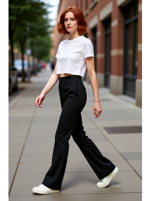 PayBuy Kadın Çizgili Yüksek Bel Flare Pantolon Fonksiyonel Dayanıklı Kaliteli Konforlu Estetik Şık