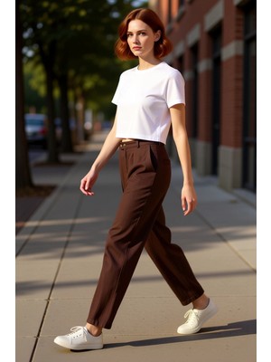 PayBuy Kadın Yüksek Bel Kemer Detaylı Geniş Paça Keten Pantolon Fonksiyonel Dayanıklı Kaliteli Şık