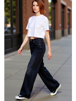 PayBuy Kadın Açık Yüksek Bel Wide Leg Jean Pantolon Fonksiyonel Dayanıklı Kaliteli Konforlu Rahat
