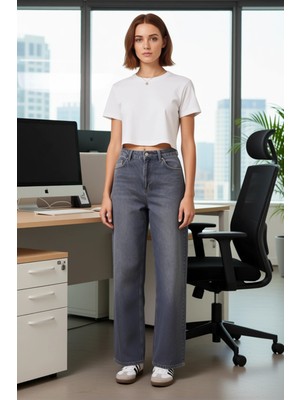 FRM Kadın Wide Leg Yüksek Bel Pamuklu Jean Pantolon Fonksiyonel Dayanıklı Kaliteli Konforlu Şık