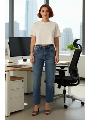 FRM Açık Kesimli Paça Yüksek Bel Düz Kesim Kadın Kot Pantolon Fonksiyonel Dayanıklı Kaliteli Şık