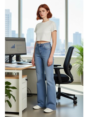 FRM Kadın Yüksek Bel Ispanyol Paça Denim Jean Yırtmaçlı Fonksiyonel Dayanıklı Kaliteli Estetik