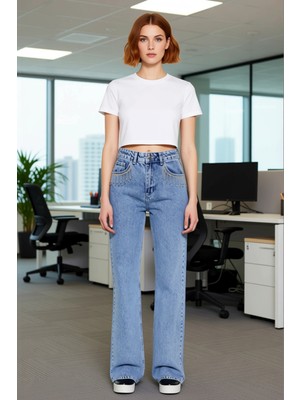 FRM Kadın Taşlı Cep Detaylı Yüksek Bel Geniş Paça Jean Fonksiyonel Dayanıklı Kaliteli Konforlu
