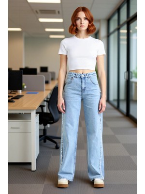 FRM Kadın Açık Püsküllü Yüksek Bel Straight Denim Kot Pantolon Fonksiyonel Dayanıklı Kaliteli Şık