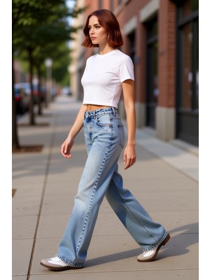 PayBuy Kadın Açık Düşük Bel Geniş Paça Denim Pantolon Fonksiyonel Dayanıklı Kaliteli Konforlu Şık