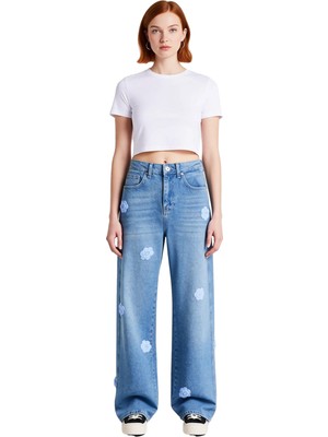 Ersefa Feminine Wide Leg Jean Çiçek Işlemeli Fonksiyonel Dayanıklı Kaliteli Konforlu Estetik Spor