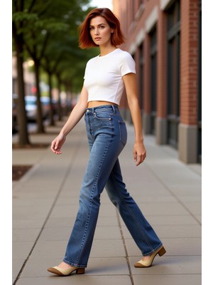 PayBuy Kadın Koyu Yüksek Bel Flare Denim Pantolon Fonksiyonel Dayanıklı Kaliteli Konforlu Estetik