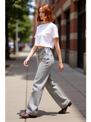 PayBuy Kadın Yüksek Bel Geniş Paça Denim Pantolon Fonksiyonel Dayanıklı Kaliteli Konforlu Estetik