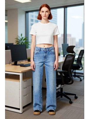FRM Kadın Açık Denim Pantolon Wide Leg Yüksek Bel Günlük Stil Fonksiyonel Dayanıklı Kaliteli Şık