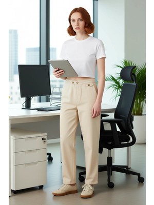 FRM Kadın Keten Pantolon Yüksek Bel Geniş Paça Kemer Detaylı Fonksiyonel Dayanıklı Kaliteli Şık