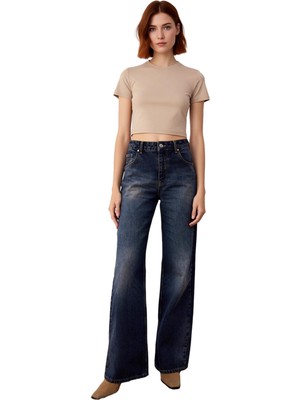 Ersefa Kadın Koyu Geniş Paça Denim Pantolon Fonksiyonel Dayanıklı Kaliteli Konforlu Estetik Rahat