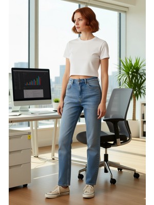 FRM Kadın Klasik Yüksek Bel Mom Kesim Jean Pantolon Fonksiyonel Dayanıklı Kaliteli Konforlu Şık