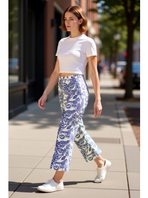 PayBuy Kadın Etnik Desenli Geniş Paça Denim Pantolon Fonksiyonel Dayanıklı Kaliteli Konforlu Spor