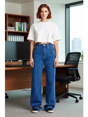 FRM Kadın Dokulu Geniş Paça Jean Pantolon Fonksiyonel Dayanıklı Kaliteli Konforlu Estetik Spor