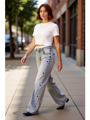 PayBuy Kadın Yıldız Detaylı Wide Leg Jean Pantolon Fonksiyonel Dayanıklı Kaliteli Konforlu Modern