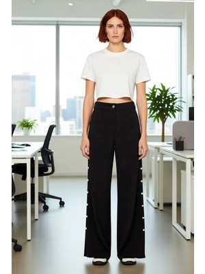 FRM Kadın Yüksek Bel Düğmeli Wide Leg Pantolon Fonksiyonel Dayanıklı Kaliteli Konforlu Estetik