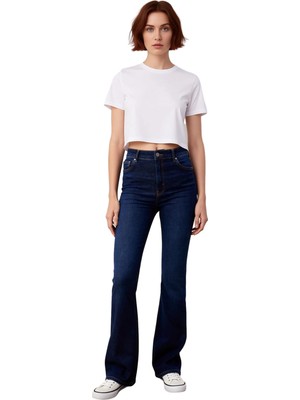 Ersefa Kadın Koyu Yüksek Bel Flare Kesim Jean Pantolon Fonksiyonel Dayanıklı Kaliteli Konforlu Şık