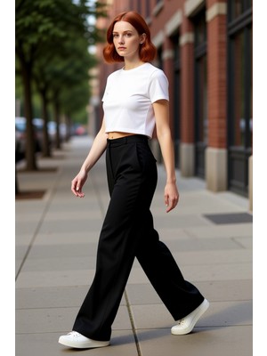 PayBuy Kadın Geniş Paça Yüksek Bel Dokuma Kumaş Pantolon Fonksiyonel Dayanıklı Kaliteli Konforlu Şık