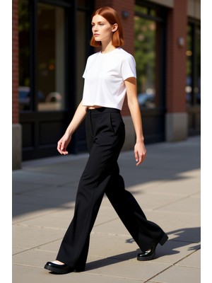 PayBuy Kadın Yüksek Bel Flare Dokuma Pantolon Fonksiyonel Dayanıklı Kaliteli Konforlu Estetik Şık