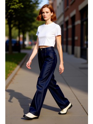 PayBuy Kadın Koyu Dikiş Detaylı Yüksek Bel Geniş Paça Jean Pantolon Fonksiyonel Dayanıklı Estetik