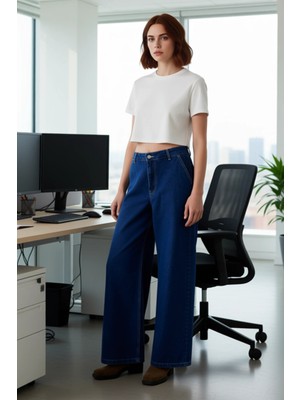 FRM Kadın Yüksek Bel Geniş Paça Jean Pantolon Fonksiyonel Dayanıklı Kaliteli Konforlu Estetik Şık