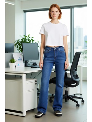 FRM Kadın Flare Paça Denim Pantolon Yüksek Bel Fonksiyonel Dayanıklı Kaliteli Konforlu Estetik