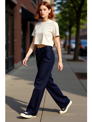 PayBuy Kadin Koyu Baglama Detayli Wide Leg Denim Pantolon Fonksiyonel Dayanıklı Kaliteli Konforlu