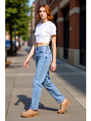 PayBuy Kadın Yüksek Bel Geniş Paça Denim Pantolon Fonksiyonel Dayanıklı Kaliteli Konforlu Estetik