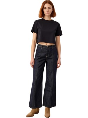 Ersefa Kadın Koyu Geniş Paça Denim Pantolon Yüksek Bel Fonksiyonel Dayanıklı Kaliteli Konforlu Şık