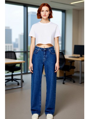 FRM Kadın Cool & Comfort Yüksek Bel Düz Bacak Denim Pantolon Fonksiyonel Dayanıklı Kaliteli Şık