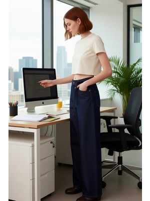 FRM Kadin Koyu Yüksek Bel Geniş Paça Denim Pantolon Kemer Detayli Fonksiyonel Dayanıklı Modern