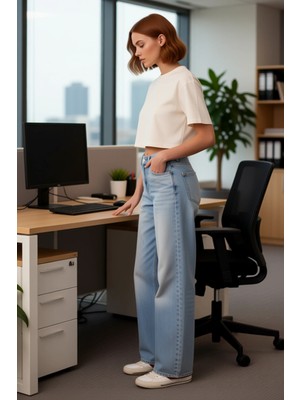 FRM Kadın Dökümlü Wide Leg Jean Pantolon Tüm Mevsimlere Uygun Fonksiyonel Dayanıklı Kaliteli Şık