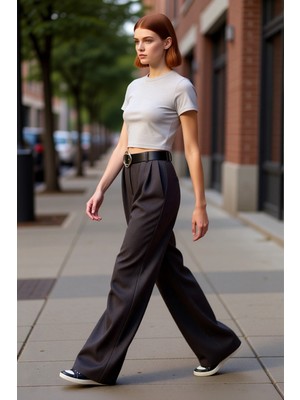 PayBuy Kadın Koyu Wide Leg Pantolon Kemer Detaylı Kaşe Kumaş Fonksiyonel Dayanıklı Kaliteli Rahat