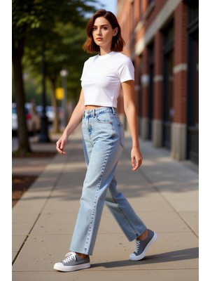 PayBuy Kadın Açık Yüksek Bel Straight Kesim Denim Pantolon Fonksiyonel Dayanıklı Kaliteli Estetik