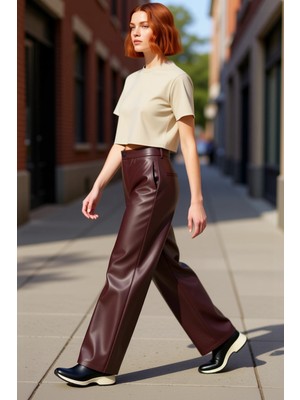 PayBuy Suni Deri Wide Leg Pantolon Kadın Casual Günlük Kullanım Için Fonksiyonel Dayanıklı Modern