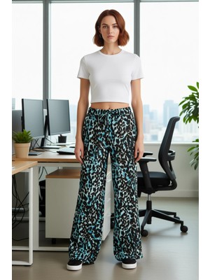 FRM Kadın Leopar Desenli Yüksek Bel Geniş Paça Pantolon Fonksiyonel Dayanıklı Kaliteli Estetik