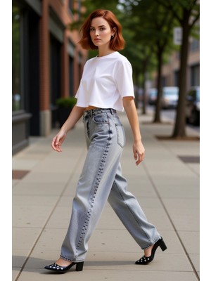 PayBuy Kadın Geniş Paça Yüksek Bel Denim Pantolon Fonksiyonel Dayanıklı Kaliteli Konforlu Estetik