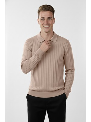 Deepsea Erkek Bej Slim Fit Polo Yaka Triko Kazak - Yumuşak Dokulu Esnek ve Şık Görünüm 2605305