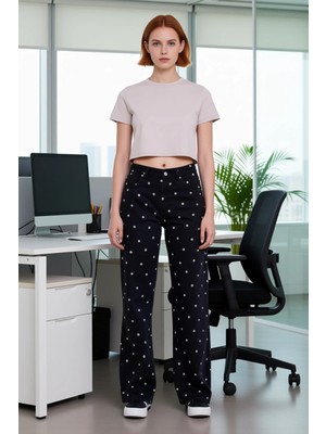 FRM Kadın Çiçek Detayli Bol Kesim Denim Pantolon Fonksiyonel Dayanıklı Kaliteli Konforlu Rahat